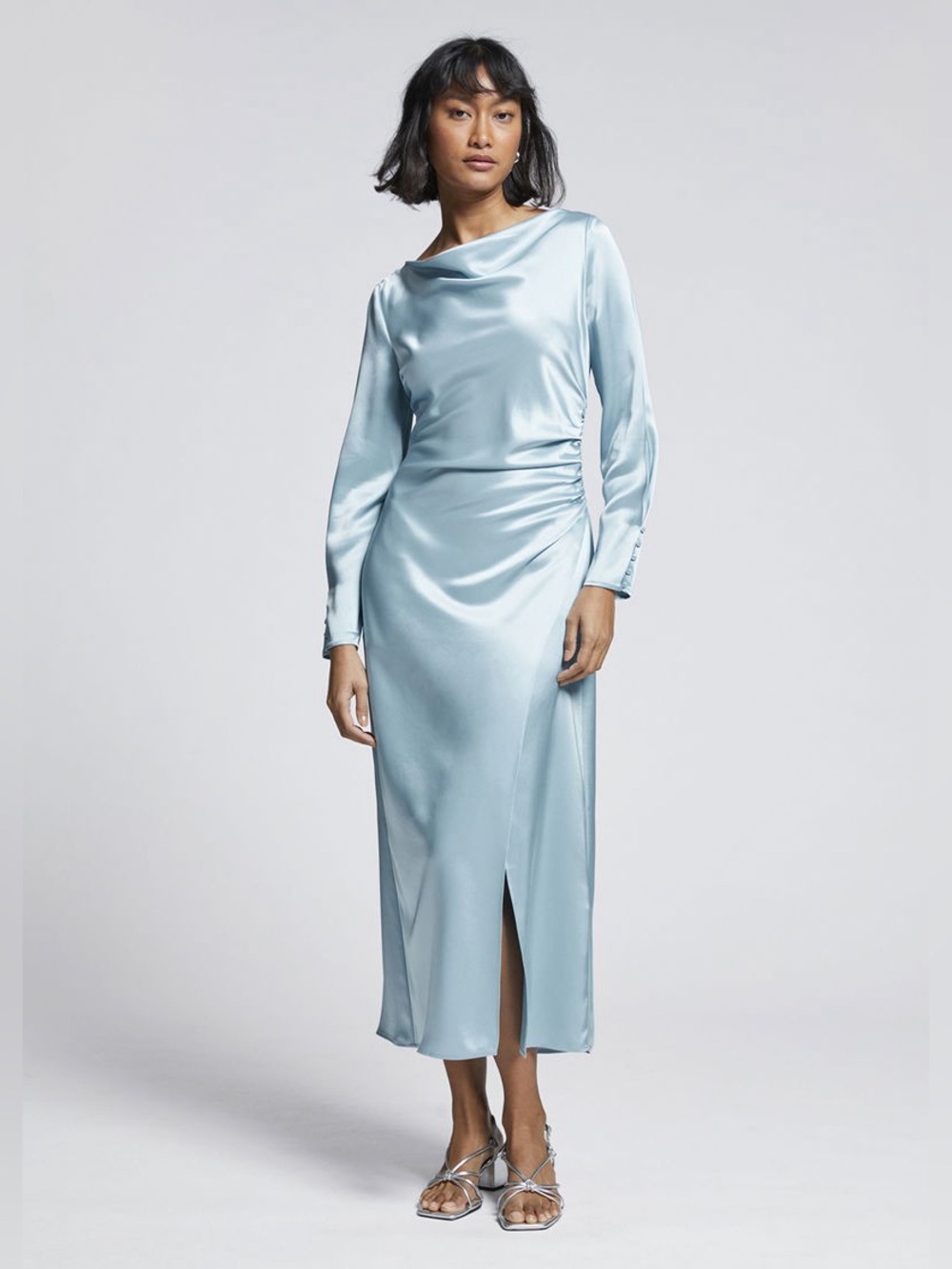 Paris Atelier & Other Stories Satin Fitted Waterfall Neckline Dress Blue 12